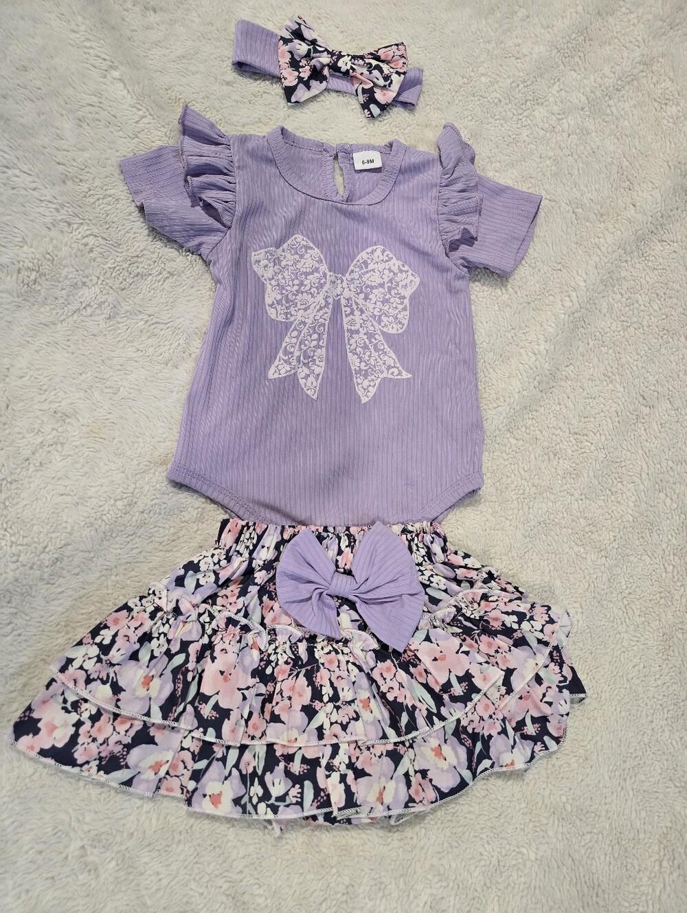 Lavender Bow Baby Outfit Set with Floral Skirt